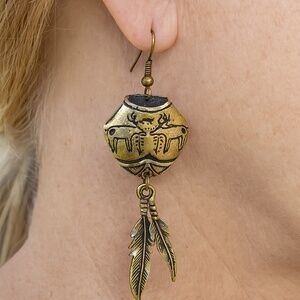 Artisan Pierced Earrings Pottery with feathers dangling new 2” long